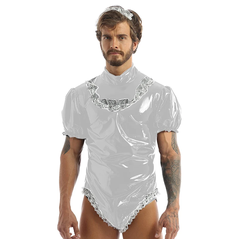 Мужской костюм горничной для косплея виниловое боди с буффами и кружевами