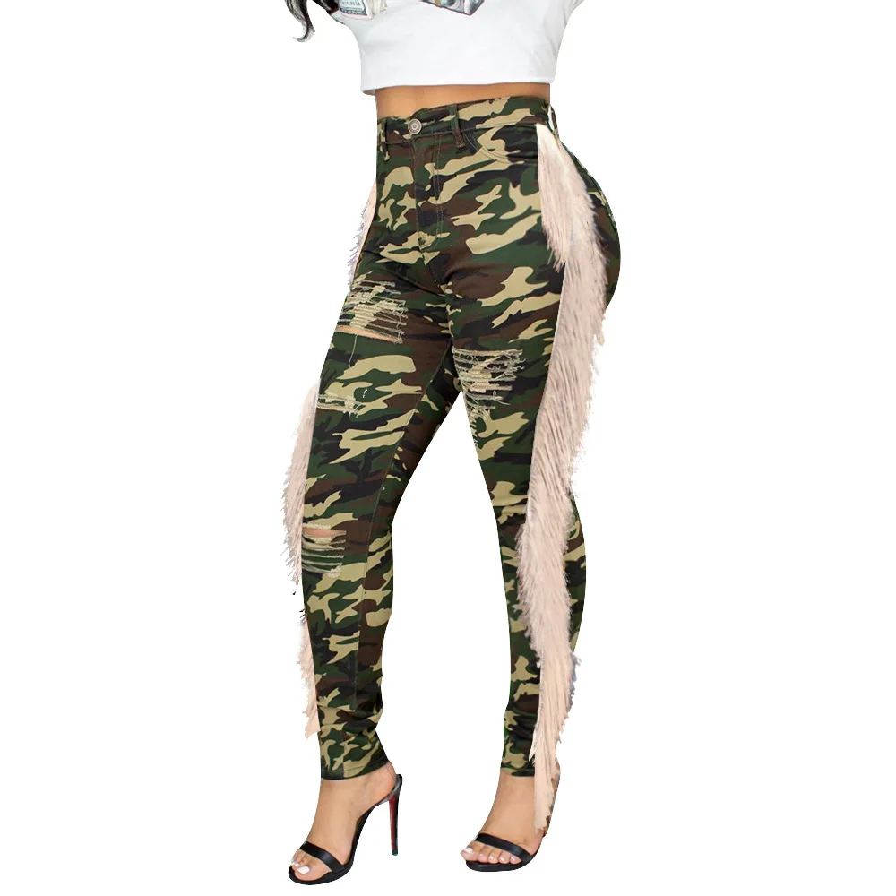 Hot new popular women long pants side ripped tassel sexy trousers camouflage print high waist LS3680 |
