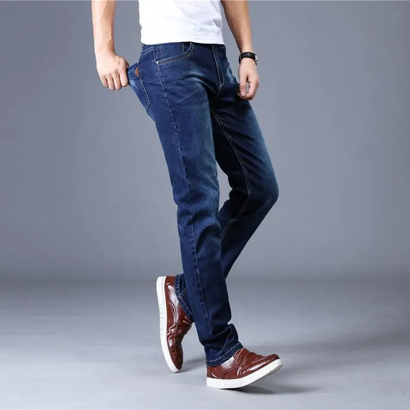 SHIYIKU New Summer Men's Brand Slim Jeans Business Casual Stretch Slim Jeans Trousers Light Blue Black Straight Trousers Men