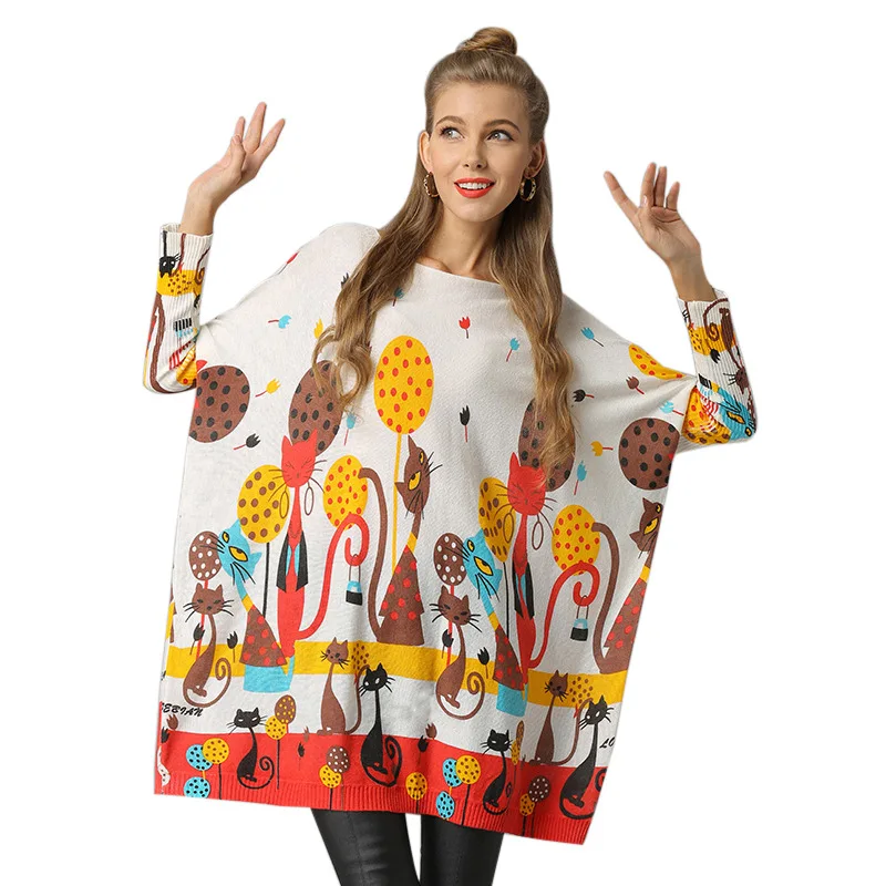 

Женский трикотажный пуловер с принтом, Свитер оверсайз из смески хлопка с длинным рукавом и круглым вырезом, одежда для весны и осени