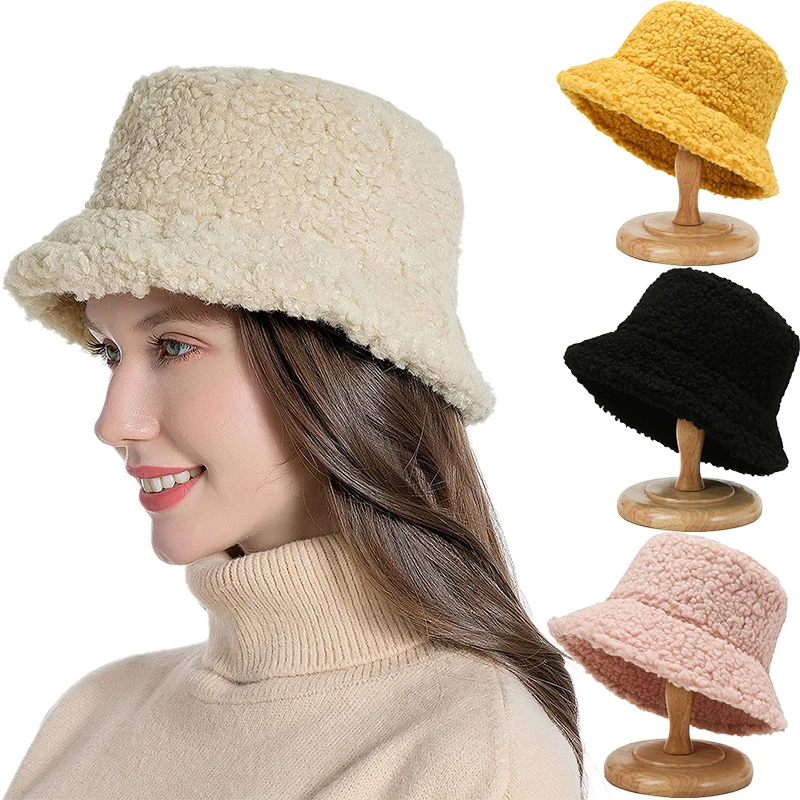 

Stylish Warm Faux Fur Bucket Hats Solid Colors 2021 Winter Unisex Furry Bucket Hat Women Men Lamb Wool Outdoor Panama Flat Cap