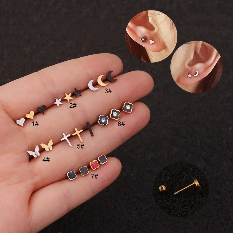 

1PCS Mini Simple Star Moon Heart Cross Flower Ear Piercing Earring for Women Female Helix Cartilage Tragus Piercing Jewelry