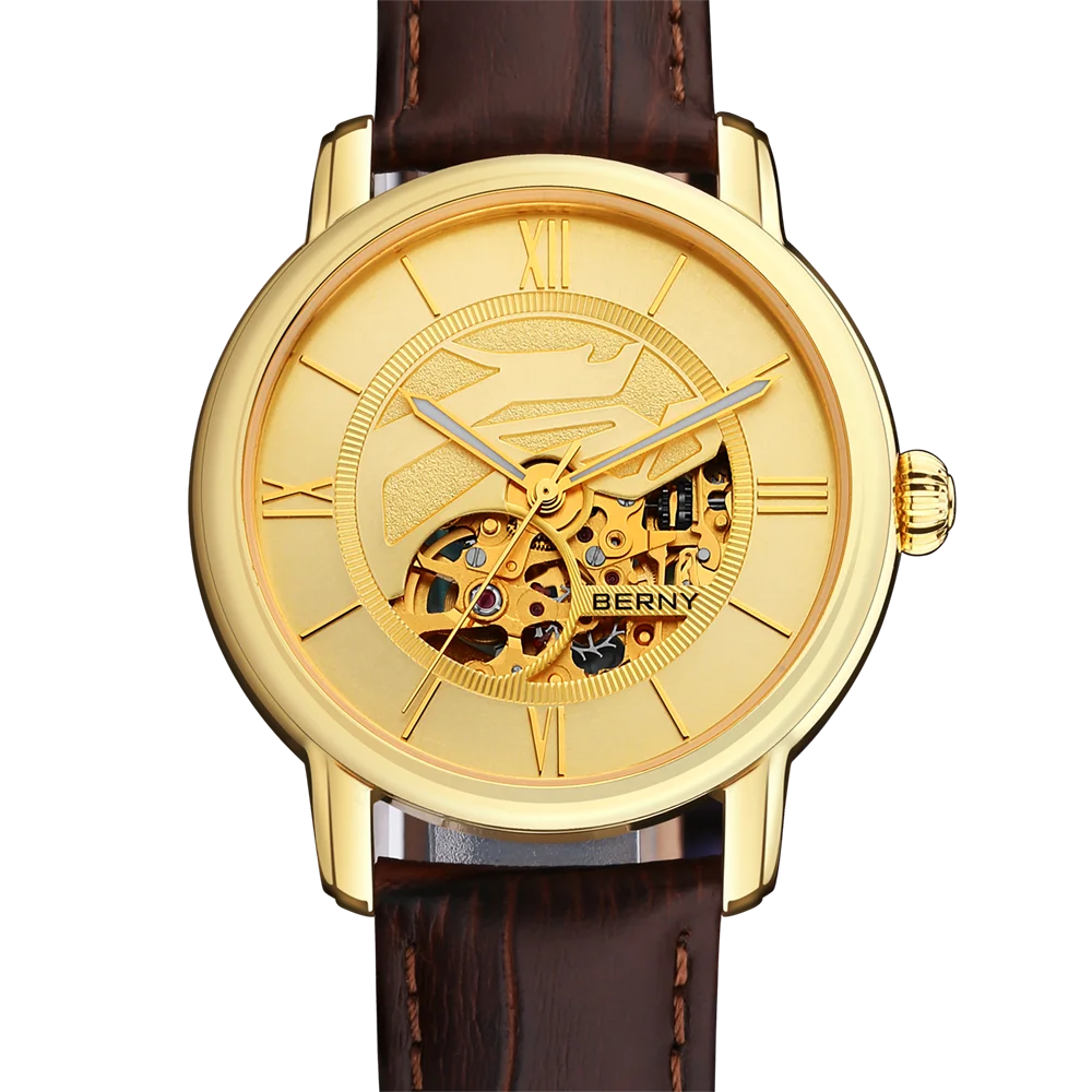 

Watch for Men Automatic Golden Stainless Steel Case Sapphire Leather Strap Waterproof Mechanical Wristwatch Relogio Masculino
