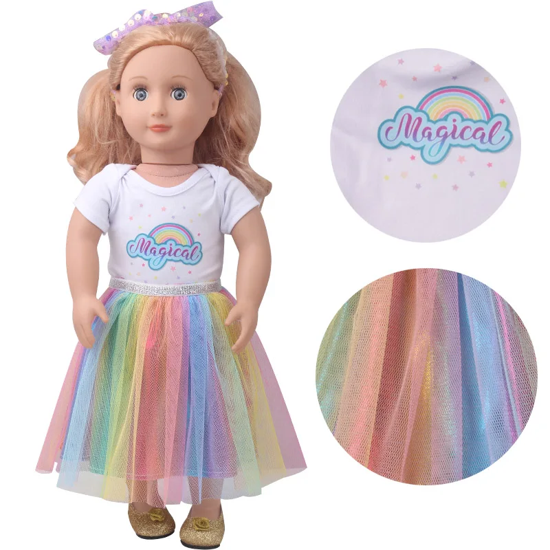 

18 Inch Girls American Dolls Clothes Rainbow Printed T-shirt+Gauzy Skirt Dress Born Baby Toys Accessories 43 Cm Boy Doll c905