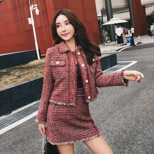 Women Skirt Sets Winter Europe Ladies Tassel Woolen Tweed Jacket+ Short Skirt Suits Elegant Two Piece Womens Clothing Sets