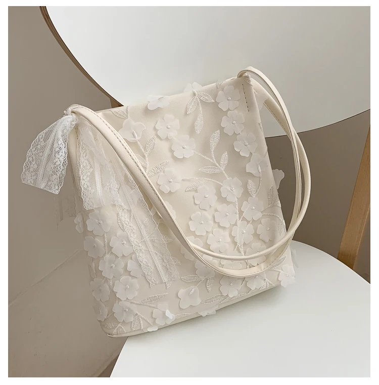 

Women Shoulder Bag Bucket Bow Flower Large Capacity Lace Gauze Handbags Wholesale 2021 New Trendy Elegant Student Tote Bags