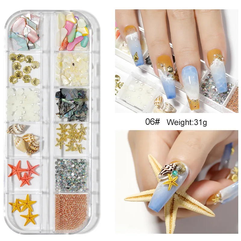 

Different 12 Grid Nail Art Ocean Theme Metal 3D Studs Beads Gel Polish Sea Starfish Shell Hippocampal Slice Flakes Decoration