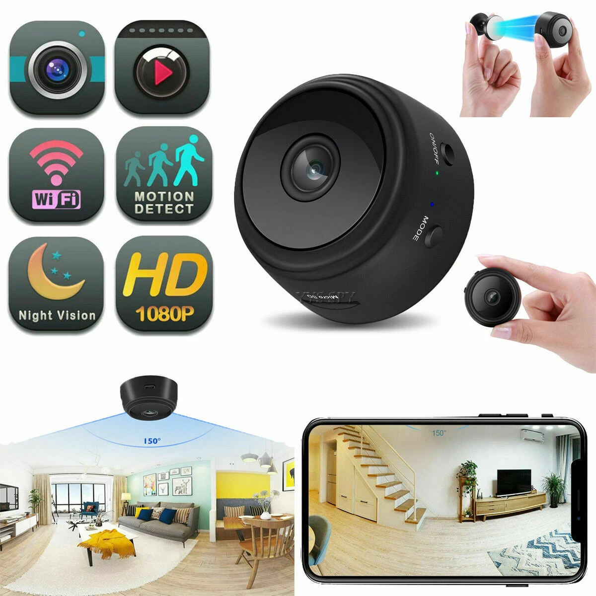 Мини камера на магните WiFi 1080P HD IP P2P видеокамера ночного видения с детектором