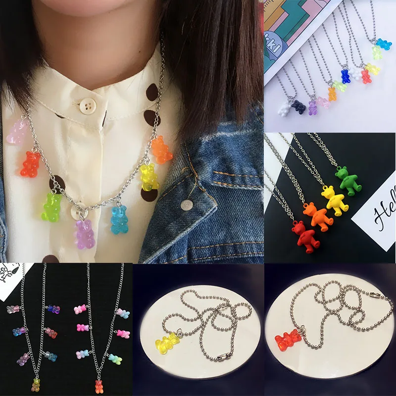 

Cute bear necklace Girly sweet wind transparent Color Gummy Mini Bear resin pendant Necklace Popular party jewelry for women