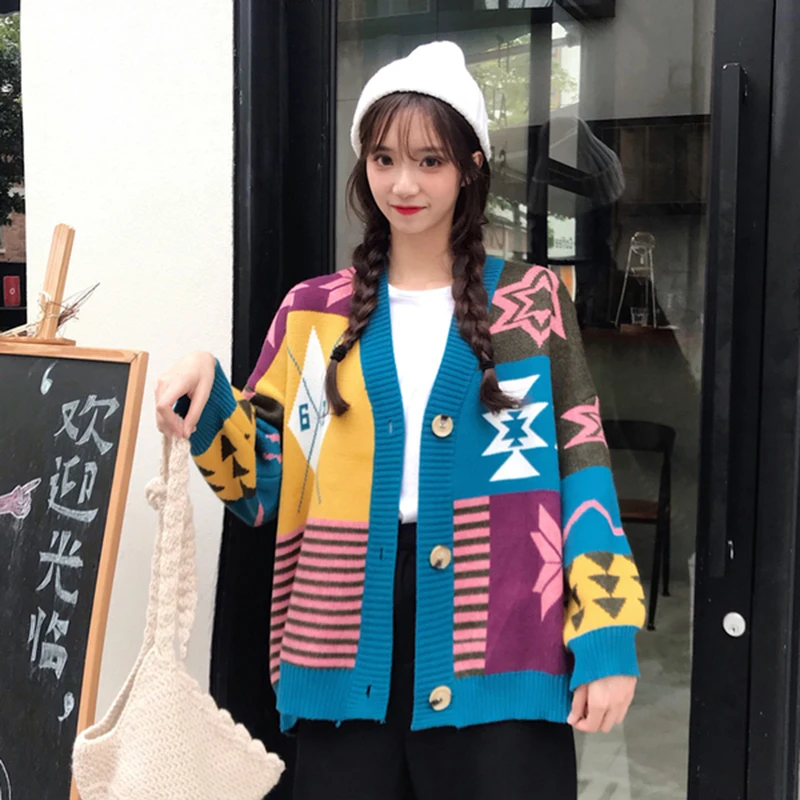 

New Autumn Winter 2021 Women Knit Cardigan Long Loose Female Thick Outerwear Snow Embroidery V Collar Harajuku Knitted Sweater
