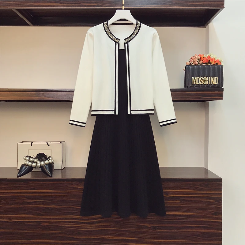 Женский вязаный костюм белый кардиган свитер топ и платье на бретельках комплект