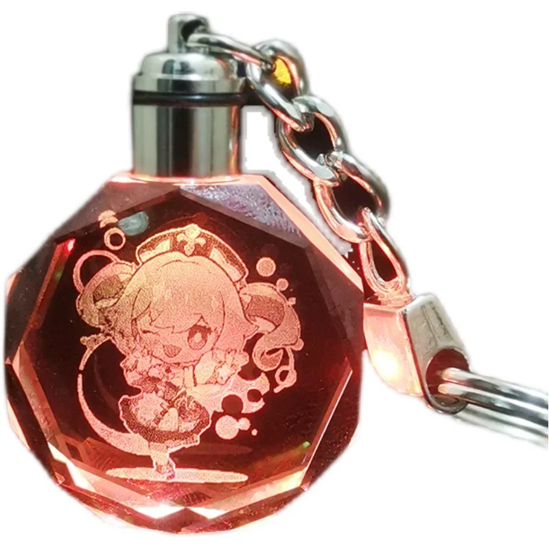 

Genshin Impact Keychains Led Xiao Zhongli Venti Ganyu Keqing Cosplay Colorful Luminous Artificial Crystal Keyrings Decor Pendant