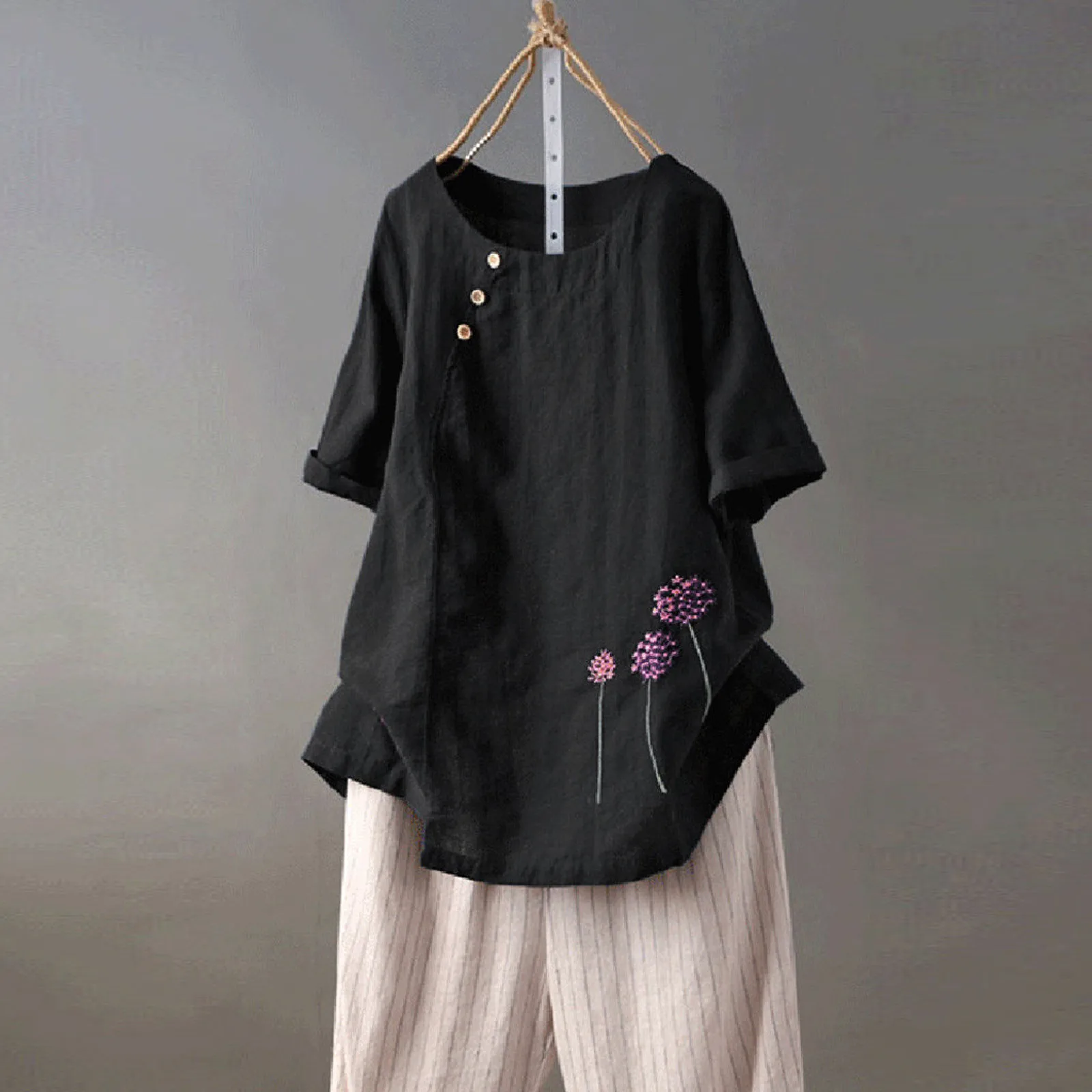 

Summer Casual Floral Print Linen Cotton Blouse Women Elegant V Neck Short Sleeve Shirt Plus Size Tops and Blouses Streetwear 5XL