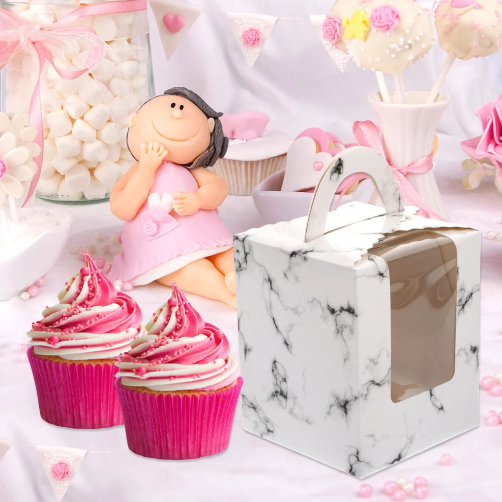 

50pcs Marble Grain Portable Cake Muffin Dessert Paper Packing Boxes (White)