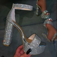 sexy bling bling crystal chunky heels sandals peep toe ankle strap high platform dress shoes cut out wedding party shoes