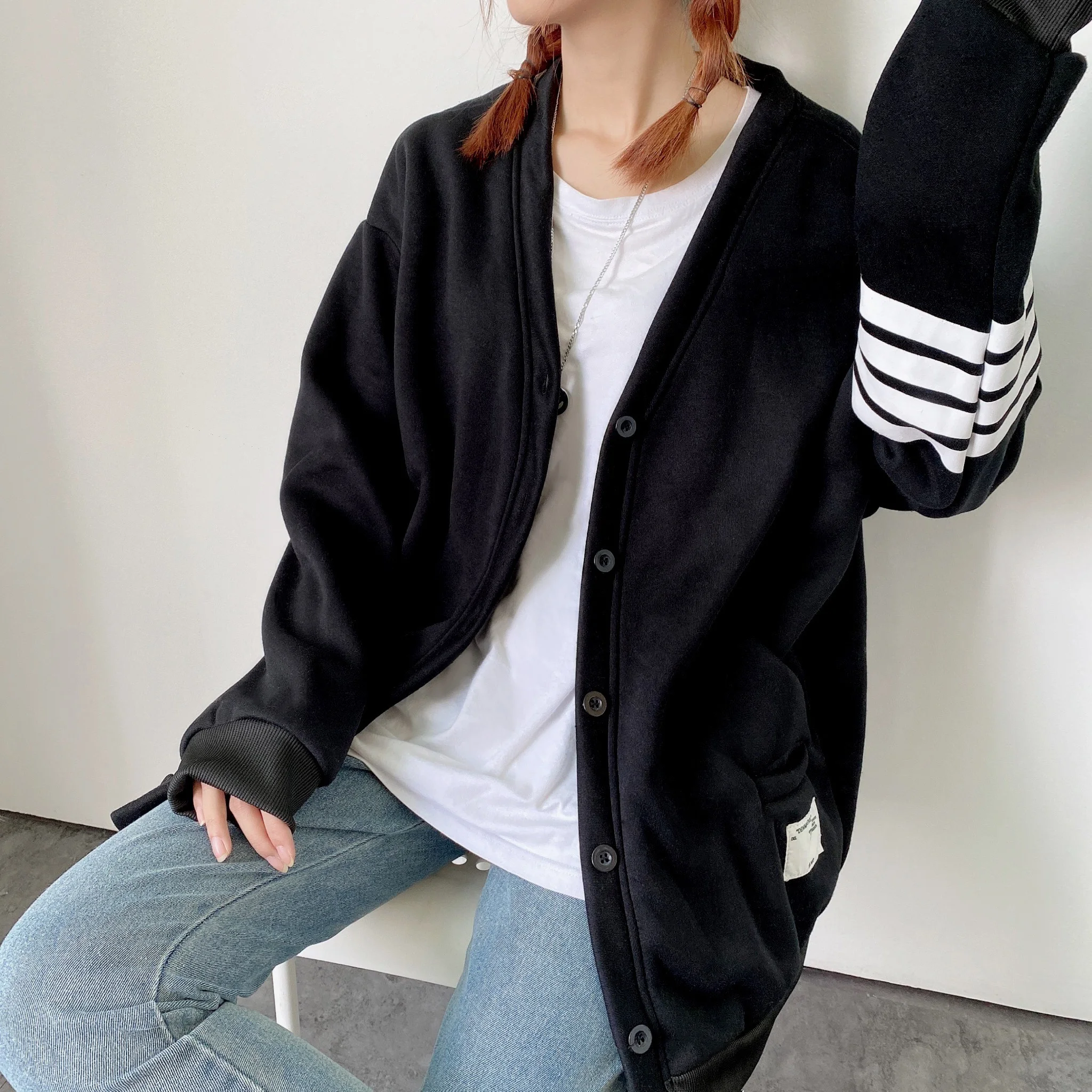 Harajuku Hoodies Women with Buttons V Collar Stripe Sweatshirt Warm Fresh Sweetshirt for Girls Loose Students Korean Style Chic