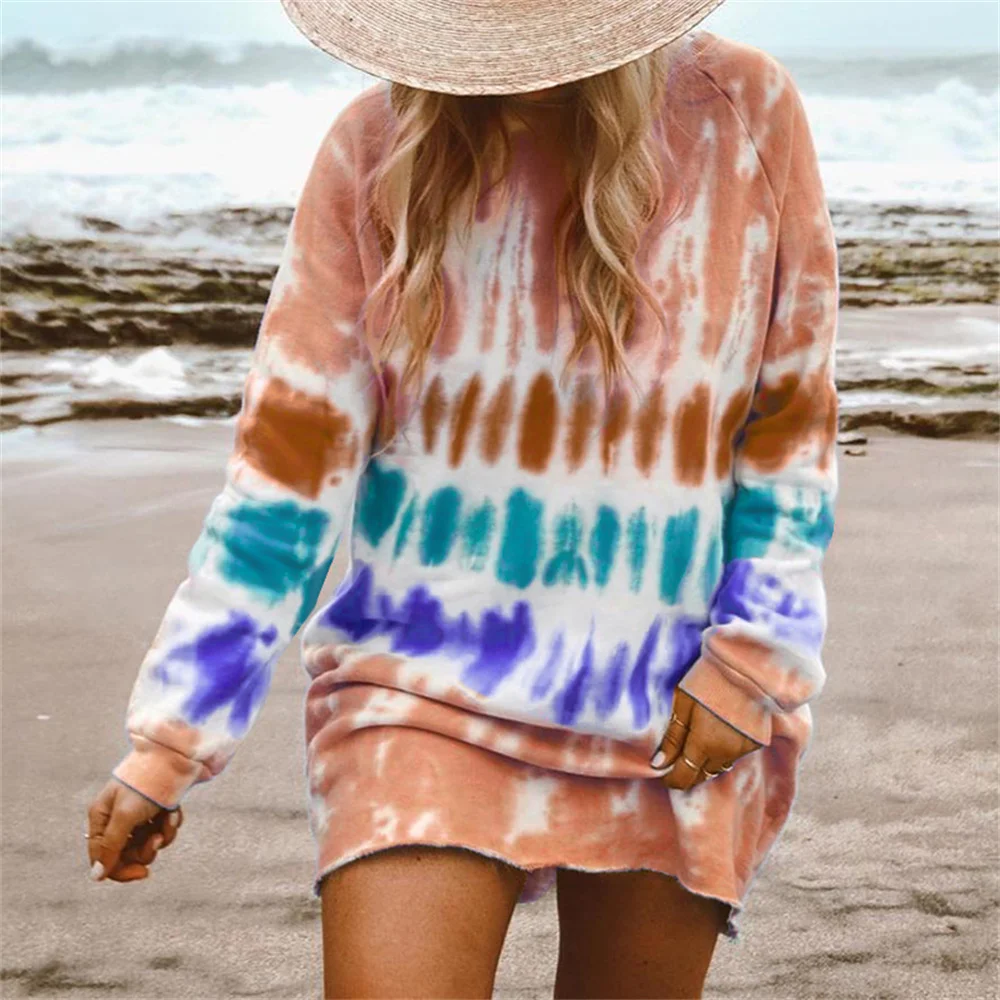 

Colorful Tie-dye Dress Autumn Long Sleeve Loose O-neck Dress Knitted Pullover Skirt Temperament Commute Elegant Women's Clothing
