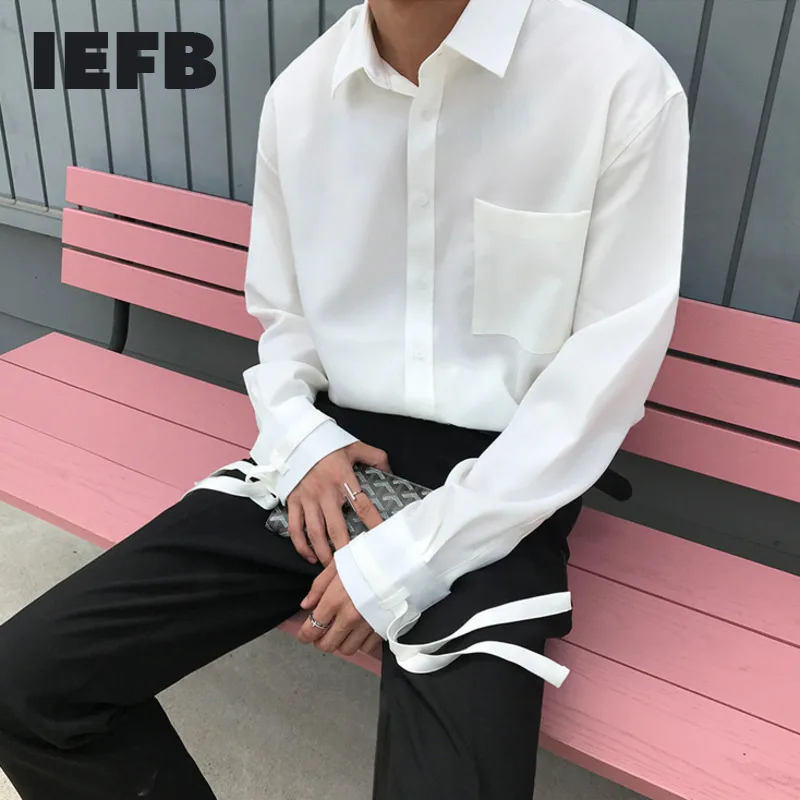 

IEFB /men's wear 2023 Autumn fashion new white red Shirt Male Trend Handsome bandage cuff Long Sleeve Tops casaul design 9Y878