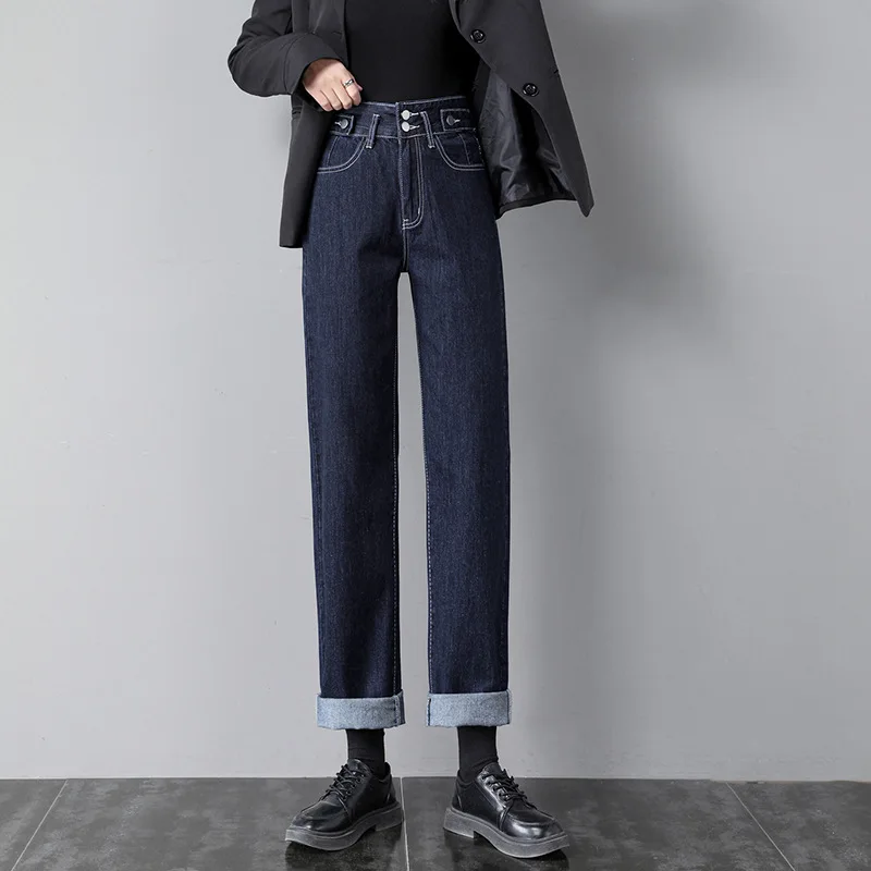 

DZ7799 Women Jeans Fashion Wild Temperament Flanging Zipper Button High Waist Stretch Loose Thin Wide Leg Soft Denim Pants