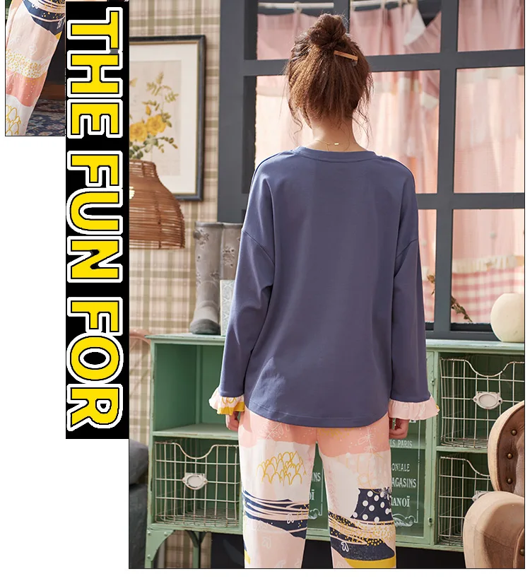 M L XL XXL XXXL 4XL Для женщин Хлопковая пижама комплект с принтом для девочек, пижамный комплект, пижама с длинными рукавами костюм Для женщин наборы пижам осень-зима