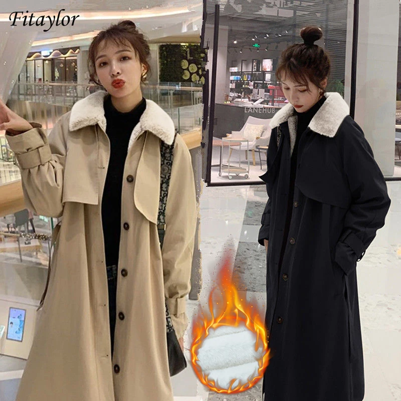 Fitaylor Spring Black Trench Coat Women Warm Long Lamb Wool Lining Jacket Khaki Thickening Windproof Street Wear Female Outwear | Женская