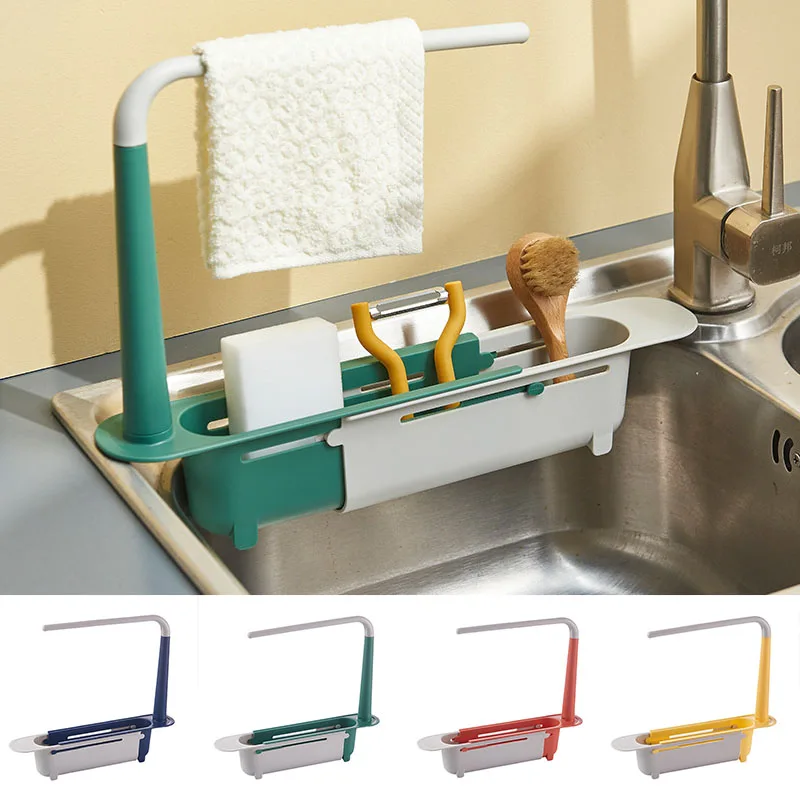 

Newest Updated Telescopic Sink Storage Rack Over the Sink Sponge Soap Dishcloth Rag Drainage Holder Organizer for Kitchen