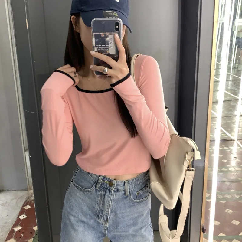 

French Style Square Collar Long Sleeve T-shirt Bottoming Shirt Women's Trendy Anti-Aging Slimming Versatile Contrast Color Ins
