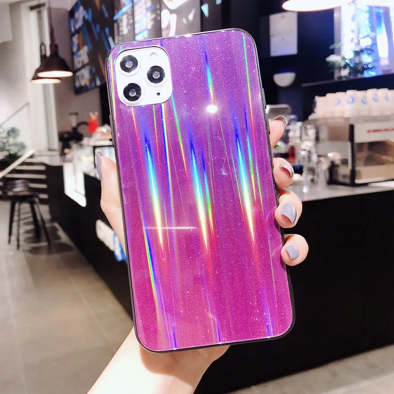 For iPhone 6 6s 7 8 Plus 10 X XS XR 11 Pro Max Glitter Gradient Sparkle Sequins Laser Holographic Hard Tempered Glass Case Cover | Мобильные