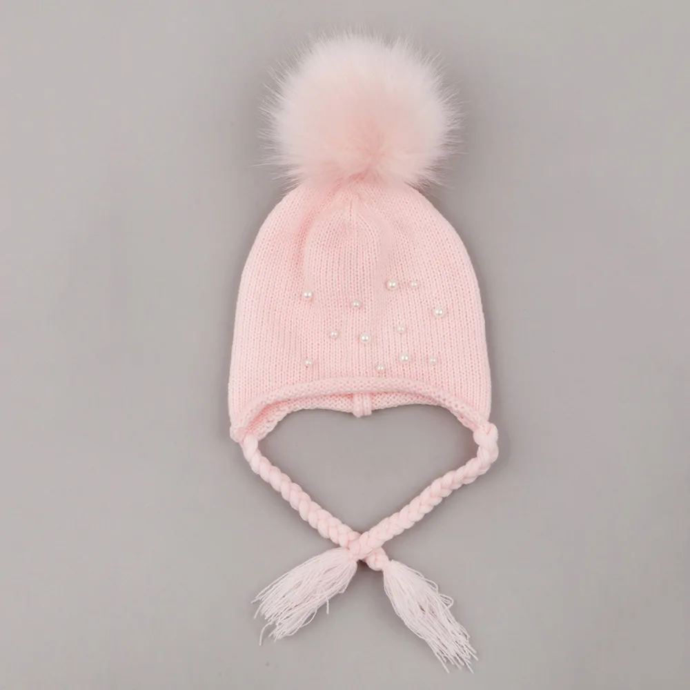 

2019 Arrival Newborn Toddler Baby Kids Woolen Knitted Crochet Pearl Beanie Hat Boy Girl Winter Warm Earmuffs Ball Hat 0-3 Years