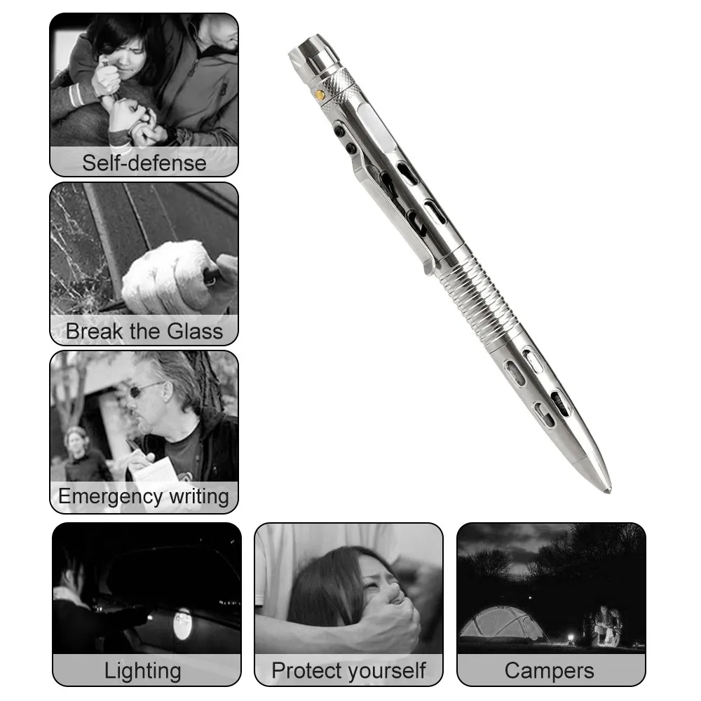 

Stainless Steel Tactical Pen Self Defense Weapon Military & Police Grade Survival Tools Bright EDC LED Flashlight Glass Breaker