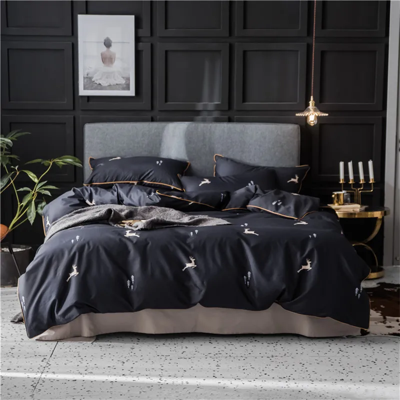 100% хлопок Комплект постельного белья сплошной цвет с мультяшными листьями