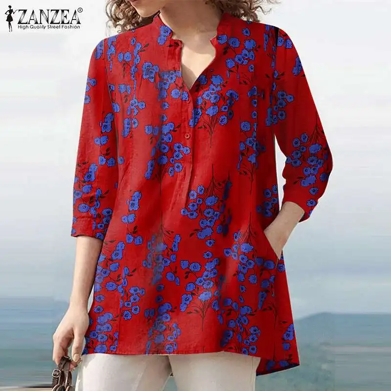 

ZANZEA Elegant Women Autumn 3/4 Sleeved Floral Printed Retro Blouse Baggy Pockets Chemise Shirts Tops Femme Button Cuffs Blusa