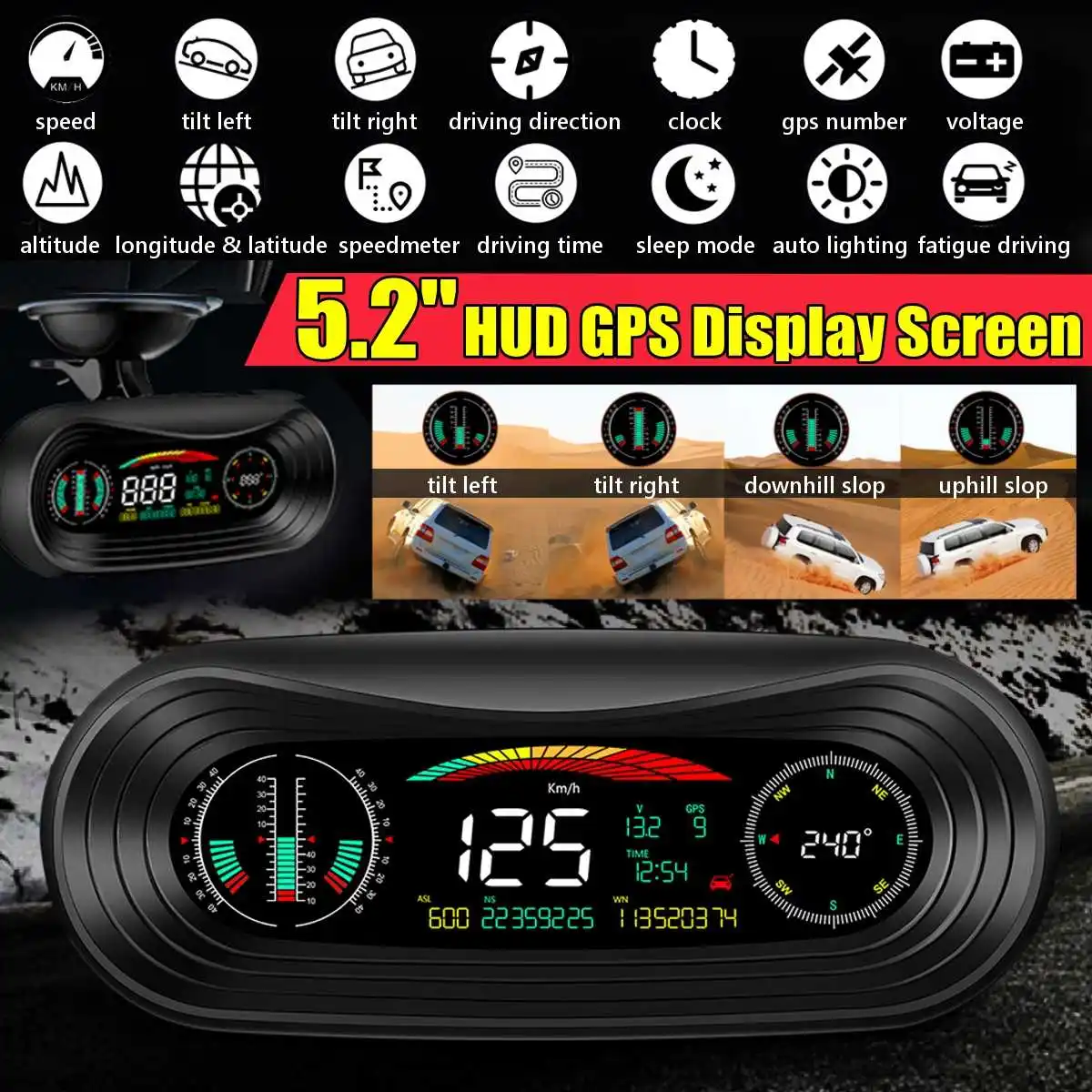 

HUD Navigation GPS Head Up Display Digital Gauge Tilt Slope Meter Voltage Coolant Oil Speed On-board Computer Monitor Alarm