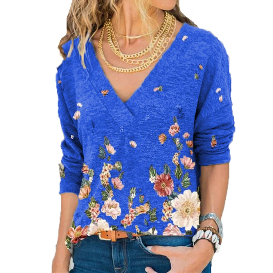 

Новая женская обувь для девочек цветочный Рисунок Блузка Топы полный рукав рубашки с v-образным вырезом трикотажные толстовки Базовая Блуз...