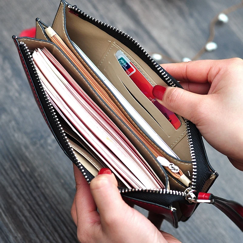 womens vintage oil wax leather zipper clutch wallet female large capacity coin purse ladies wristband simple card holder wallet free global shipping