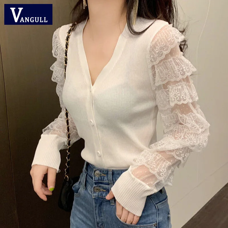 Женская блузка с V-образным вырезом длинным рукавом и кружевом | одежда