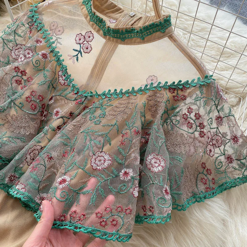 

2021 Summer Court Style New Women Retro Machine Embroidery Dress Ruffled Fashion Elegant High-End Formal Ladies Mid-length Dress