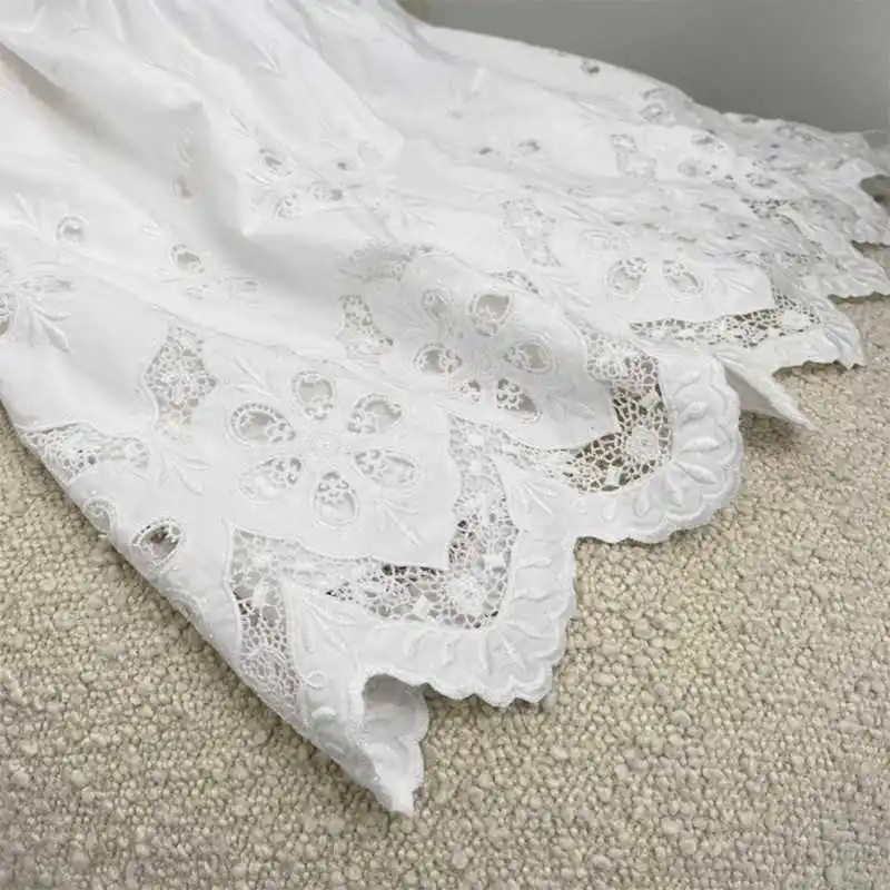 

2021 Summer New Arrival Ladies Hollow Out Embroidery Sexy White Ruffles Off The Shoulder Mini Cotton Dresses
