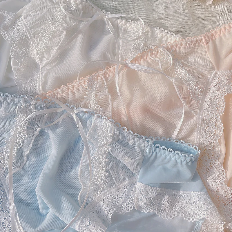 

Summer Wind The Waist Briefs Ice Silk Underpants Janpanese Maiden High Slit Lace Up Buttock Wrapping Sexy Women Panties 3 Colour