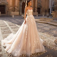 strapless appliques wedding dresses 2021 backless lace up chapel train sleeveless a line vestido de novia customized