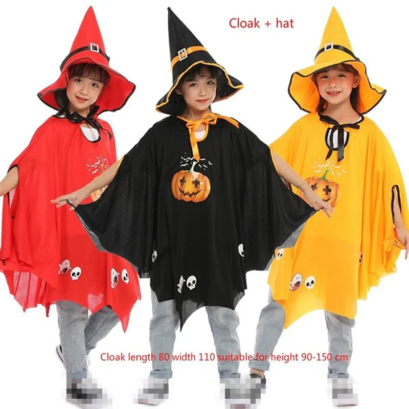 

2020 Cosplay Costumes Halloween Cloak Cape Children's New Witch Role Playing Performance Pumpkin Dress Hat Cloak Set Hat + Cloak