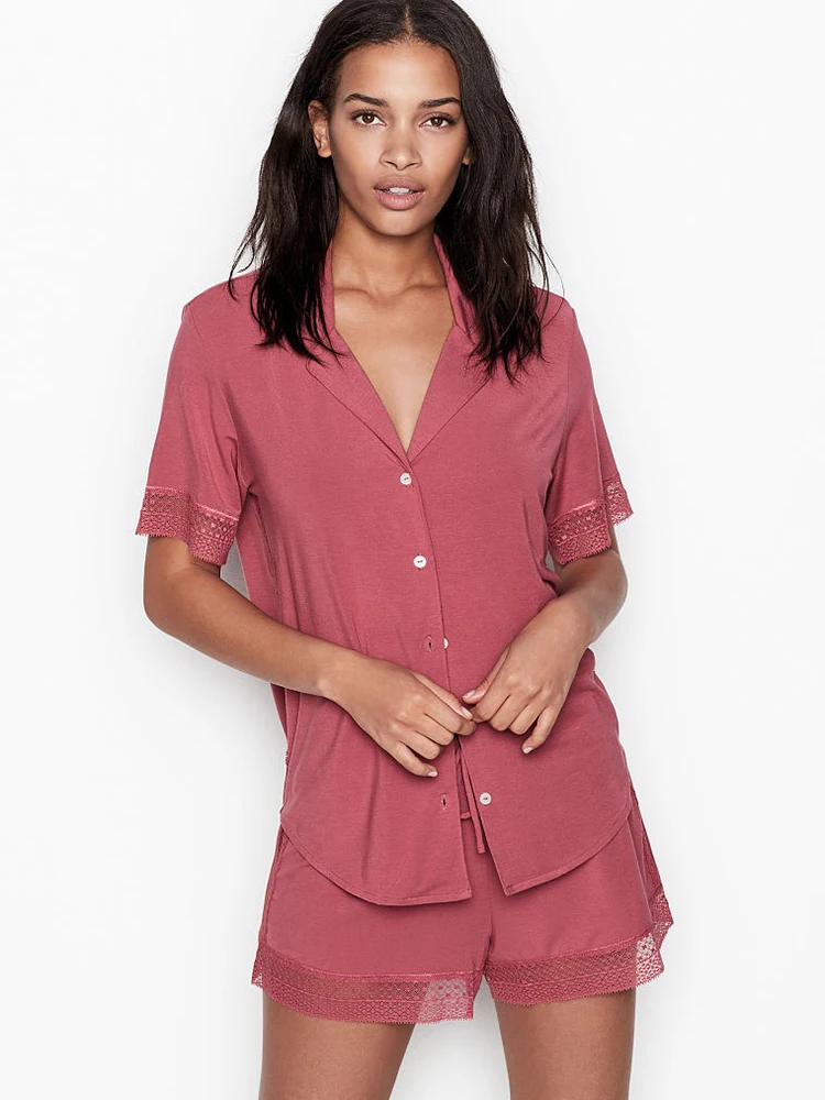 Трикотажный Пижамный костюм с короткими рукавами шорты кружевной отделкой