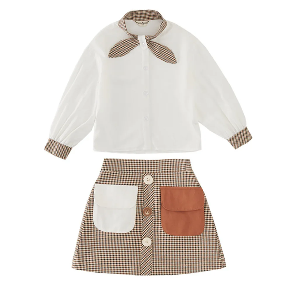 

Girls Autumn Clothes Set Kids Girls Fresh Bow Tie Long Sleeve T-Shirts Tops+Vintage Short A-Line Skirt 2pcs Clothing Suit 4-12Y