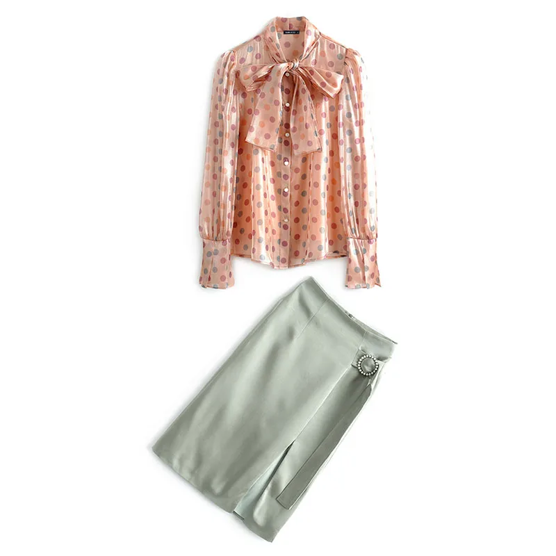 

Women 2020 Summer Elegant Polka Dot Print Shirt Sets Female Long Sleeve Bow Tie Blouse Top+Split Mid-calf Skirt 2PCS Sets R186