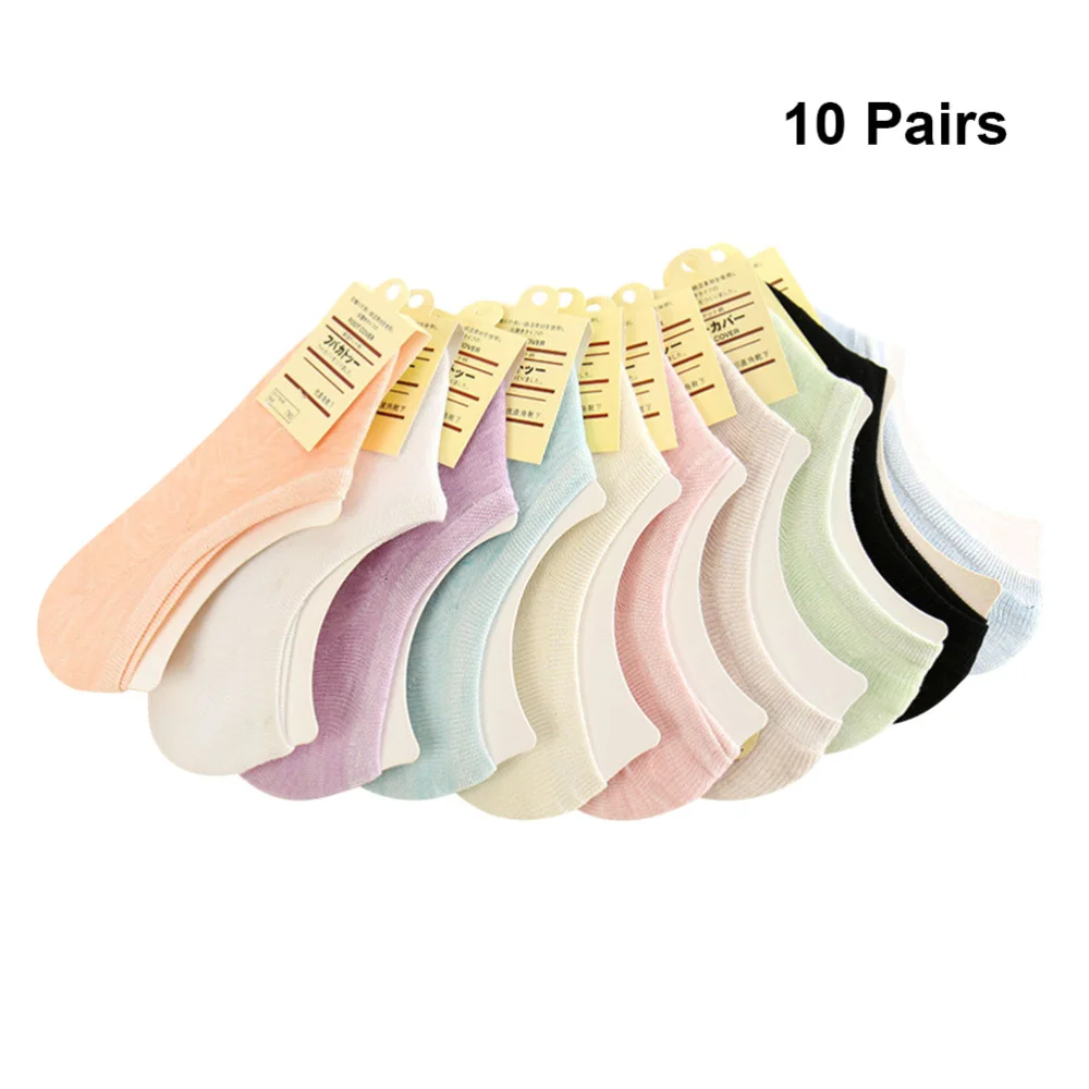 

10 Pairs Cotton Socks Simple Comfortable Socks Silicone Nonslip Invisible Boat Socks for Ladies Girls (Assorted Color)