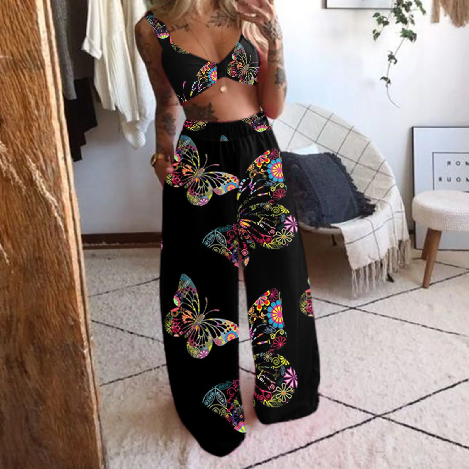 

Two-Piece Suit Summer Tracksuit Sets Womens Outfits Boho Beach Style Print Underwear Loose Wide Leg Pants Ropa Mujer ододи