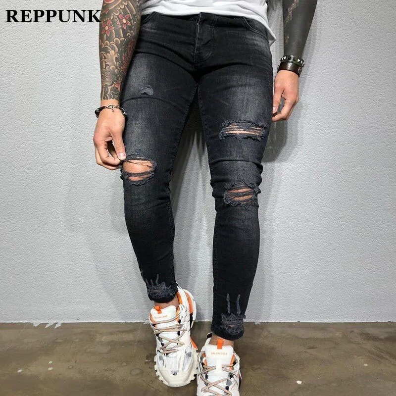 REPPUNK 2020 черные Стрейчевые облегающие джинсы мужские рваные байкерские до колена