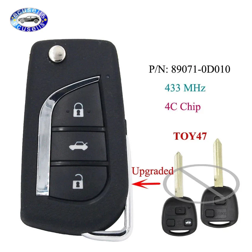 Обновленный дистанционный ключ брелок от машины чип 433 МГц 4C для Toyota Yaris Avensis Corolla