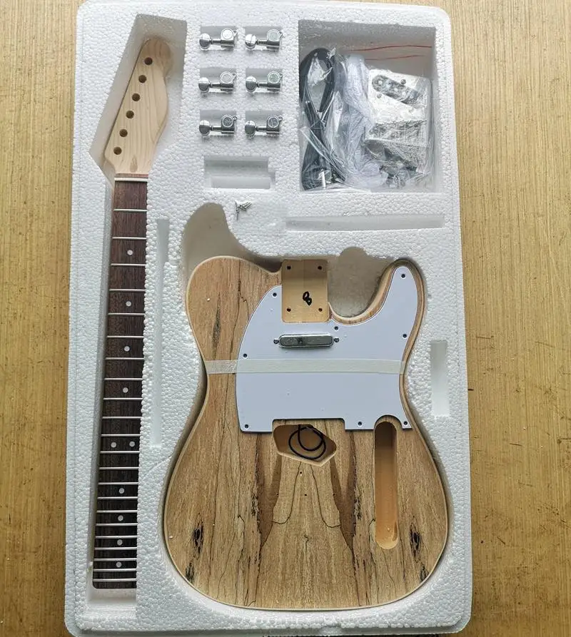 TL стиль электрогитара DIY Kit Spalted клен шпон бас дерево тело жесткий клен шеи палисандр гриф набор