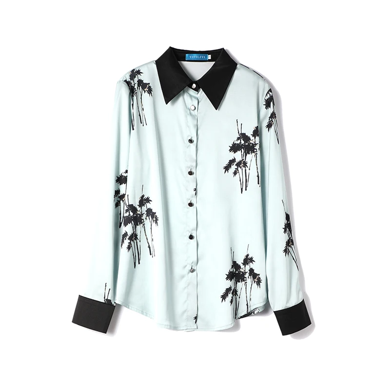 

COIGARSAM Fashion Full Sleeve Shirt Womens tops New Spring Vintage Print Women shirts Cyan 2161